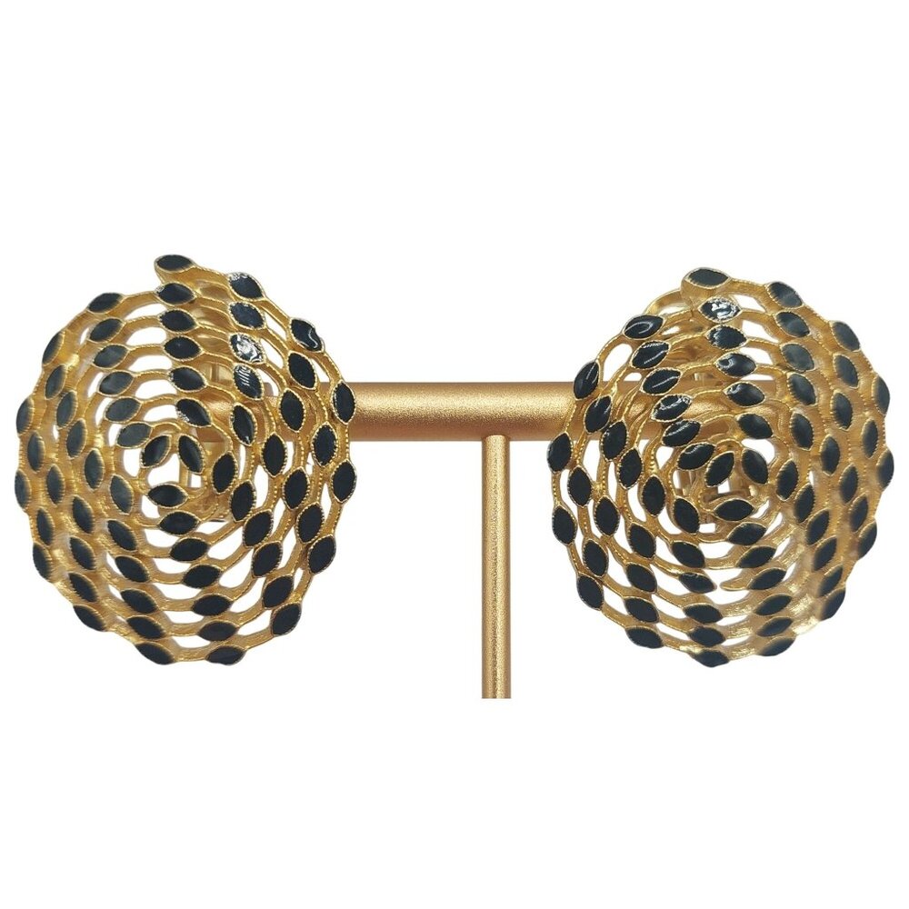 Vintage Gold-Tone Clip-On Earrings With Black Enamel Accents
